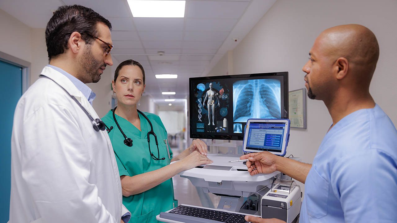 Healthcare technology workstation connected with patient care and medical imaging